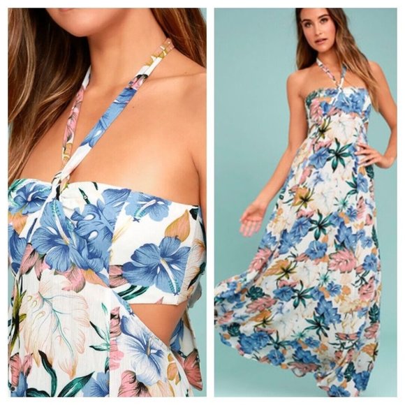 Lulus Dresses & Skirts - Lulu's Maxi Dress S Floral Halter Tie-Back Cut Out My Island Flowy Beach Resort